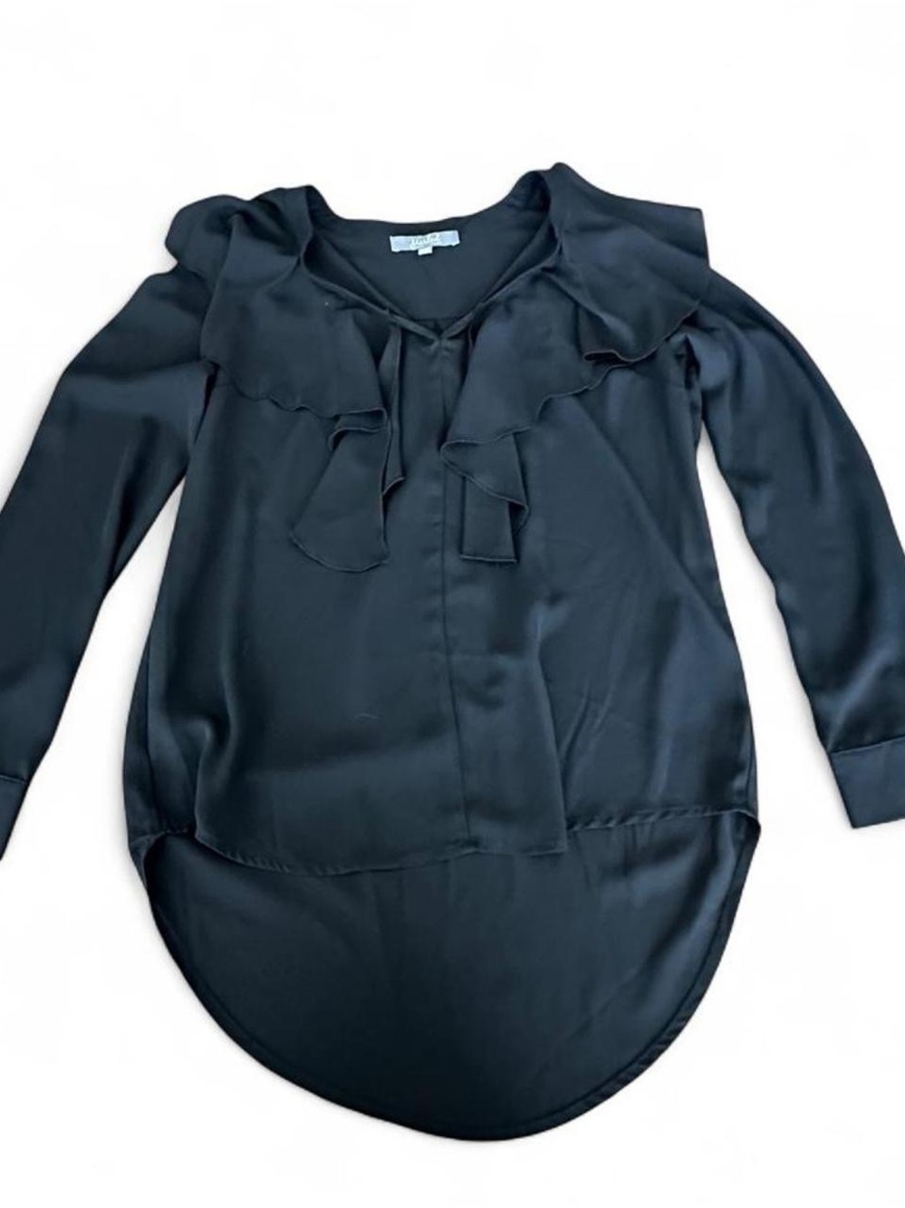 Black Ruffle Tie-Neck Satin Blouse